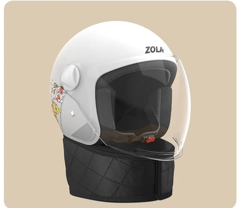 Blue electric bike helmet with attached winter scarf and a clear anti-fog visor