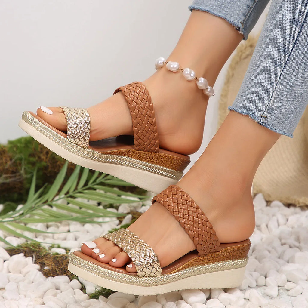 Women's plus size wedge sandals in gold or silver with PU upper and rubber sole