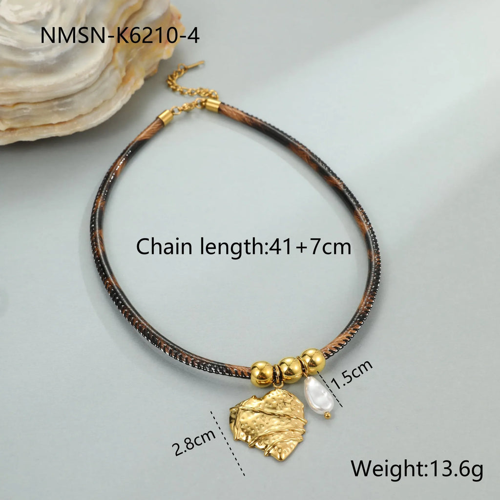 Leopard leather geometric pendant stainless steel necklace for women with adjustable chain