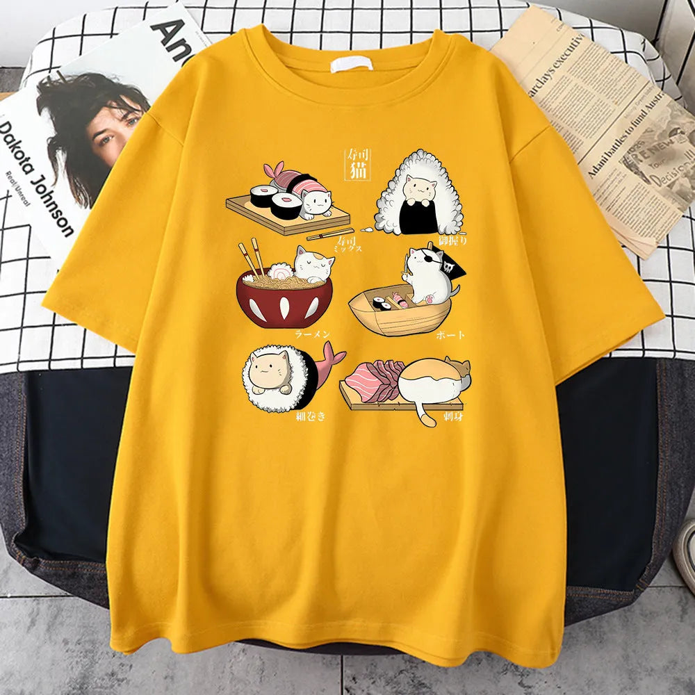 Men's loose fit cotton T-shirt with cat sushi cartoon print in multiple colour options
