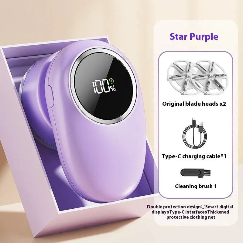 Purple and beige digital fur ball trimmer lint remover with adjustable cutter heads and a USB cable.