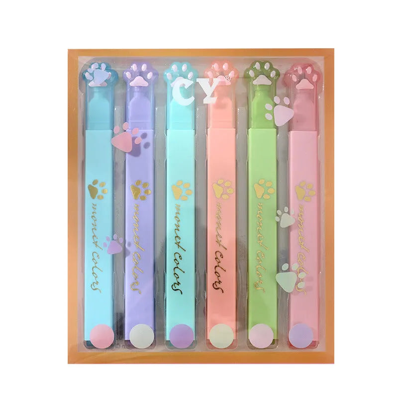 Cat's Paw brand set of six fluorescent marking pens with oblique heads in a gift box.