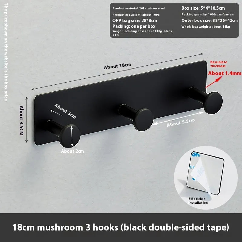 Screwless iron wall hook with mushroom design in three sizes for shower doors, with black and white tape options.