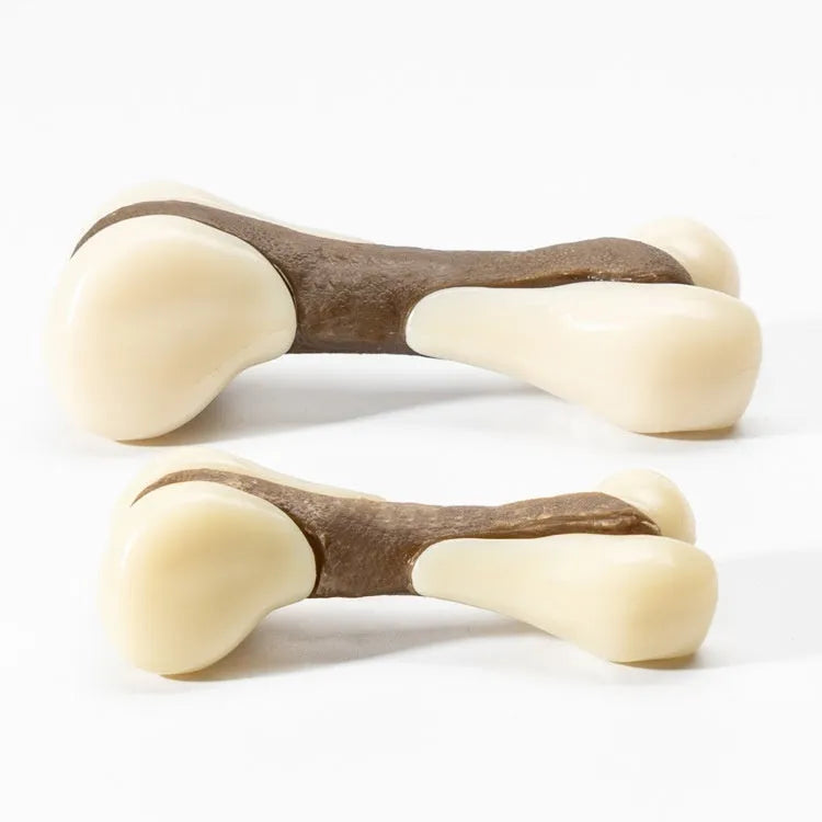 Eating and Playing Series bone-shaped dog chew toy in two sizes, made from brown cowhide and nylon.