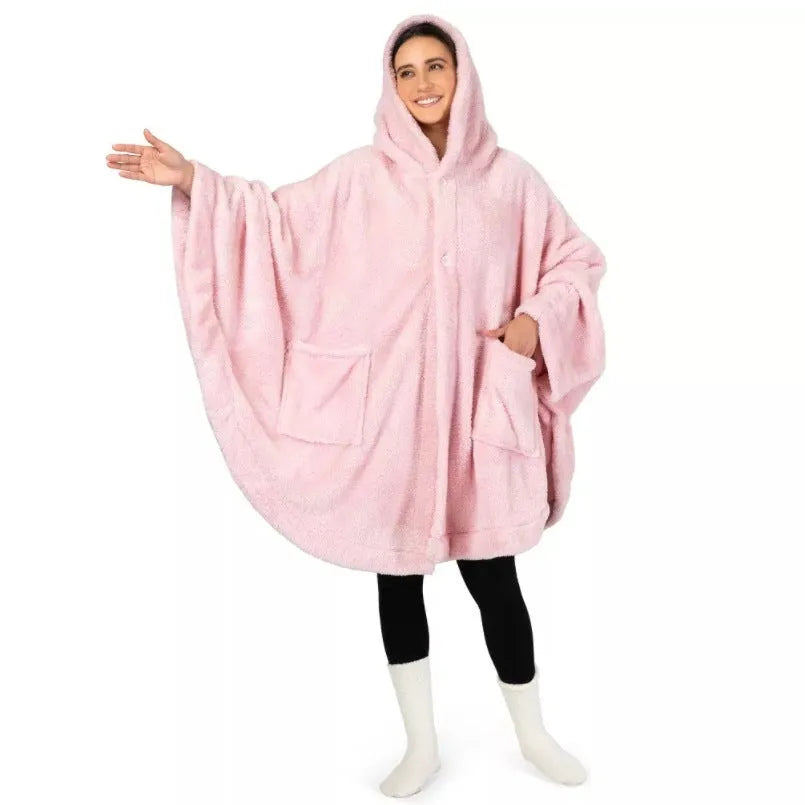 Thickened hooded bathrobe in solid colour, shown with long sleeves and cardigan front.