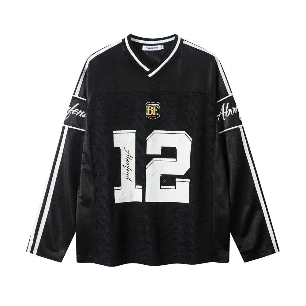 Men's black digital print long-sleeved v-neck t-shirt on a hanger