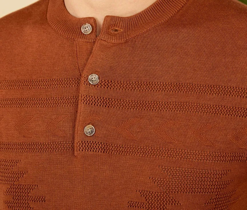 Knitted Henley shirt American retro slim-fit short sleeve in denim blue cotton lyocell blend