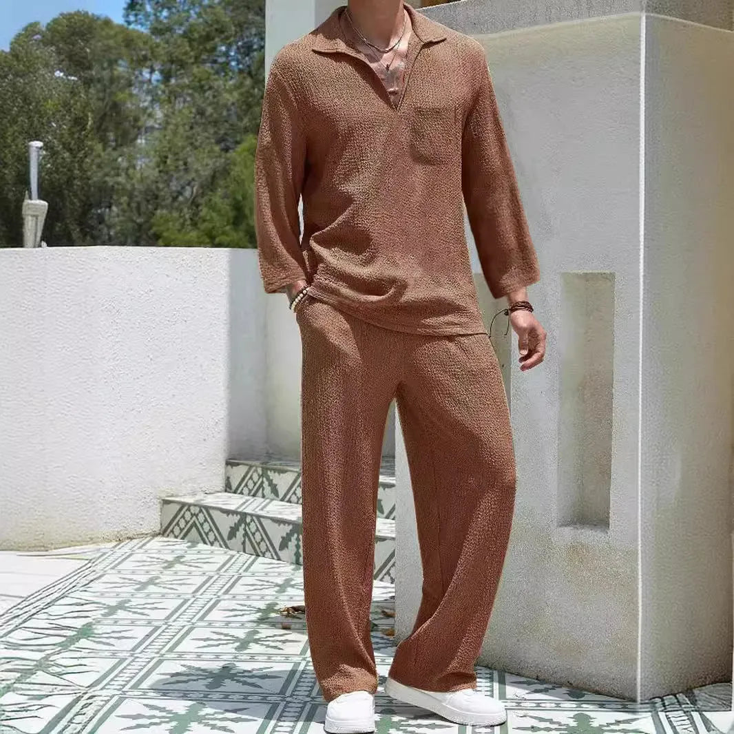 Men's casual shirt and trousers commuter suit set in polyester, shown in lake blue colour