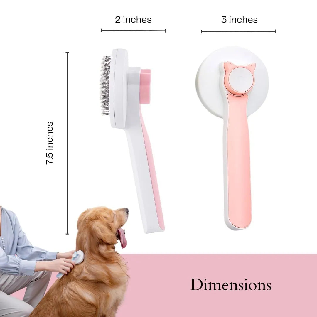 Blue grey pink self-cleaning slicker brush for dogs and cats with ergonomic handle