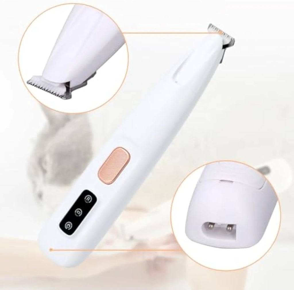 White rechargeable electric dog paw trimmer with LED light on a compact handheld unit.