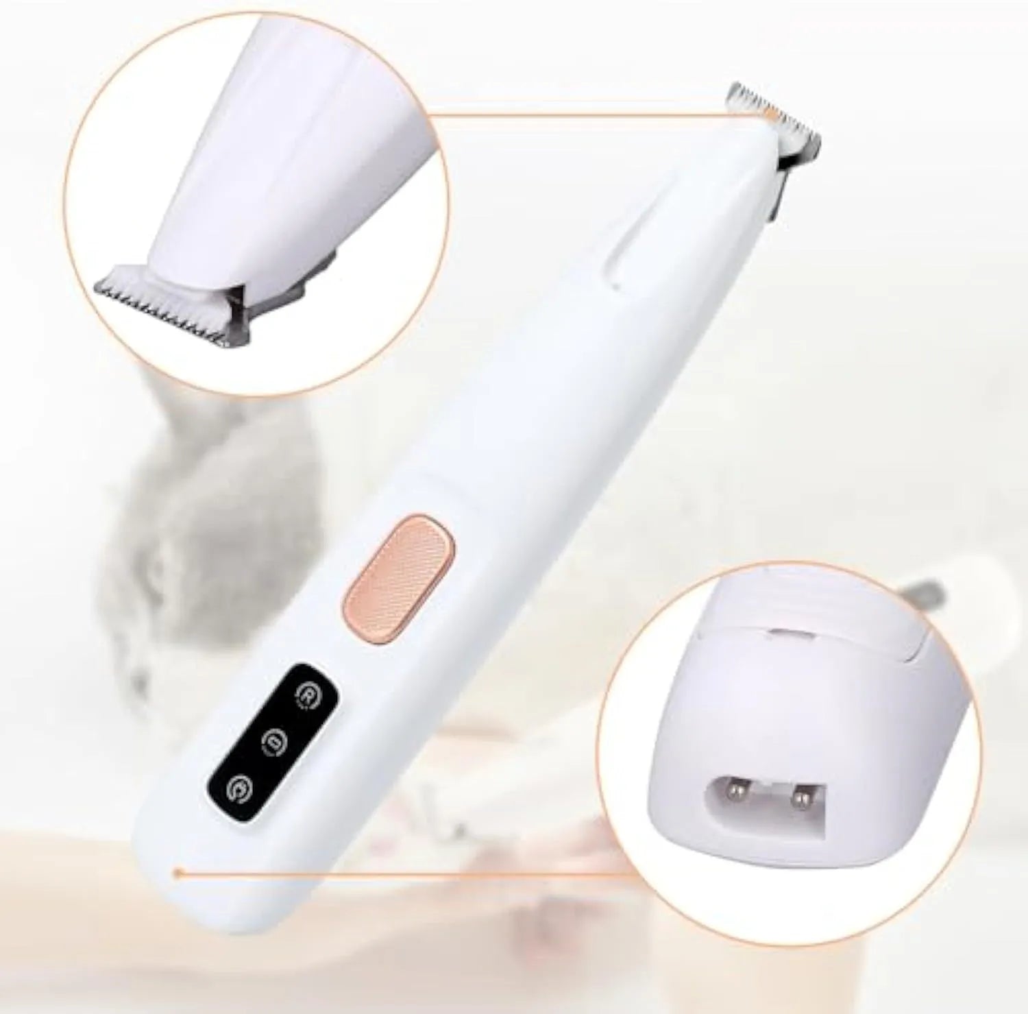 White rechargeable electric dog paw trimmer with LED light on a compact handheld unit.