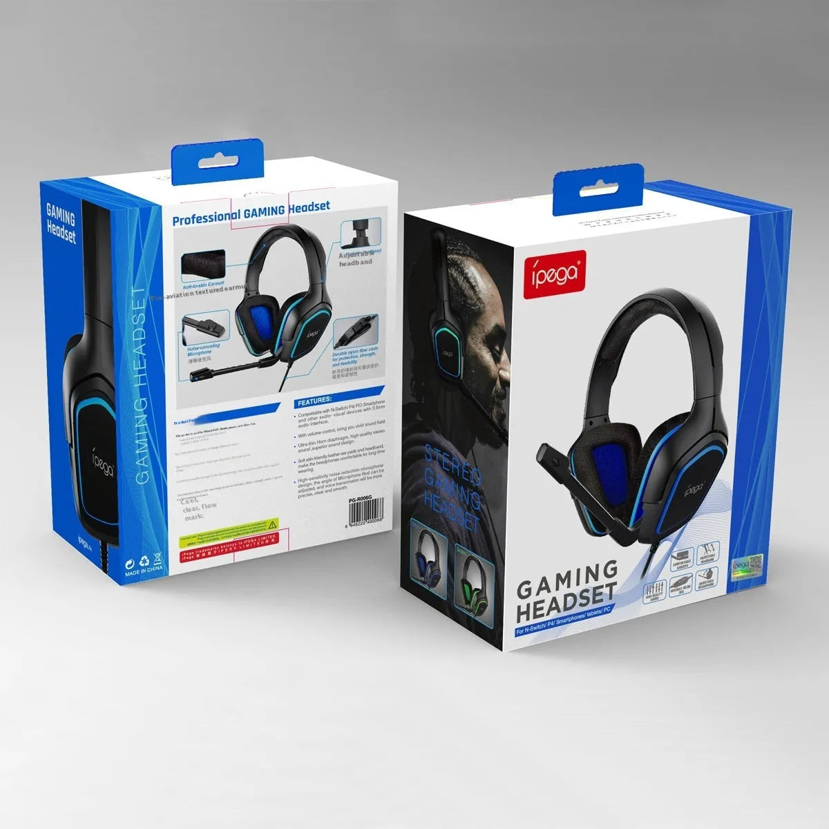 Blue computer gaming headset with microphone, 3.5mm wired cable, and over-ear design