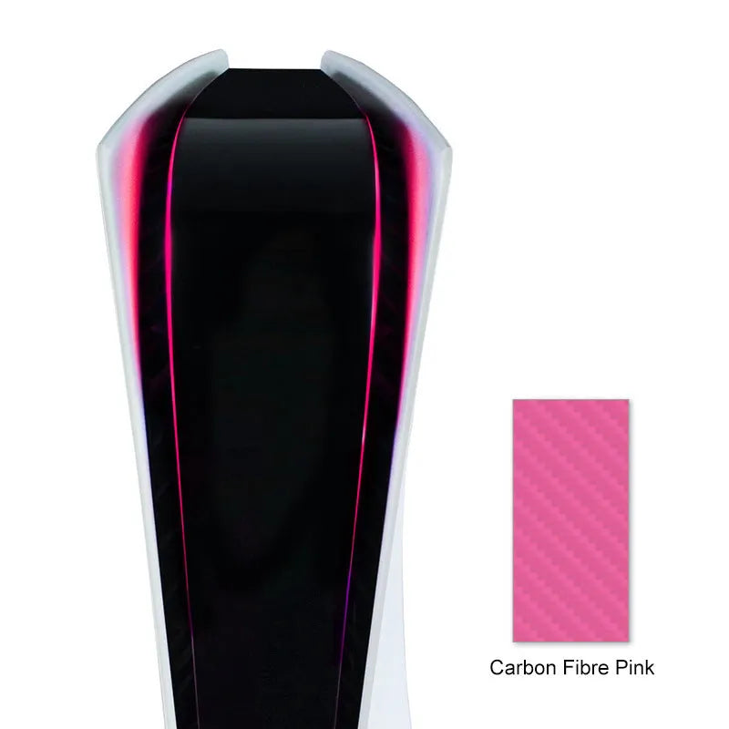 PS5 light bar sticker with carbon fibre pattern in blue, gold, pink, and red colour options