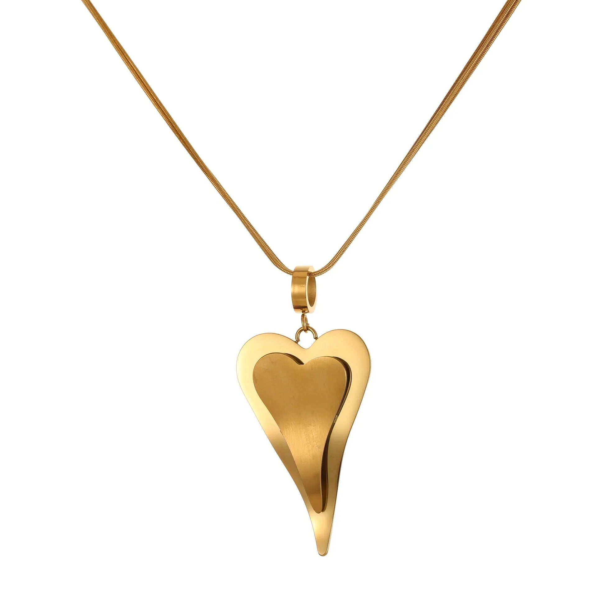 Stainless steel geometric necklace with double heart snake bones pendant in gold or steel colour options