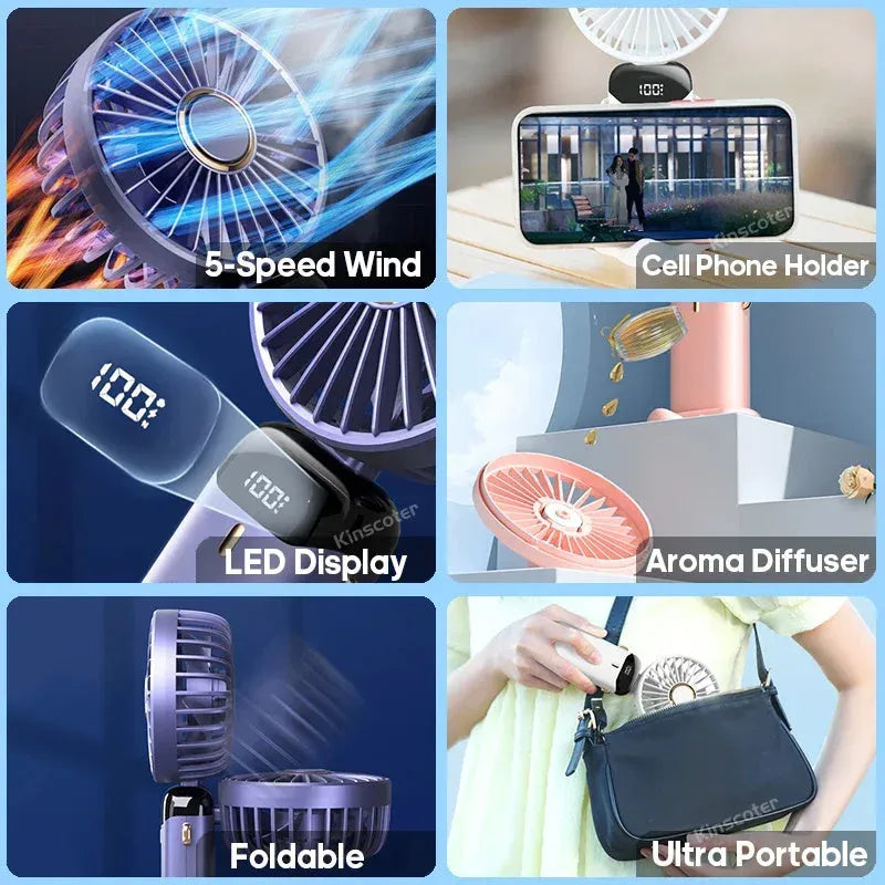 USB rechargeable mini portable fan in blue with 5 speed settings and digital display