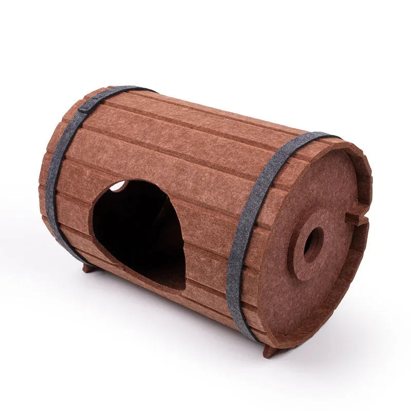 Assembled wine barrel shaped cat bed made from polyester felt panels