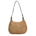 Women's straw cross body bag in khaki colour with horizontal square shape and sandwich pocket design