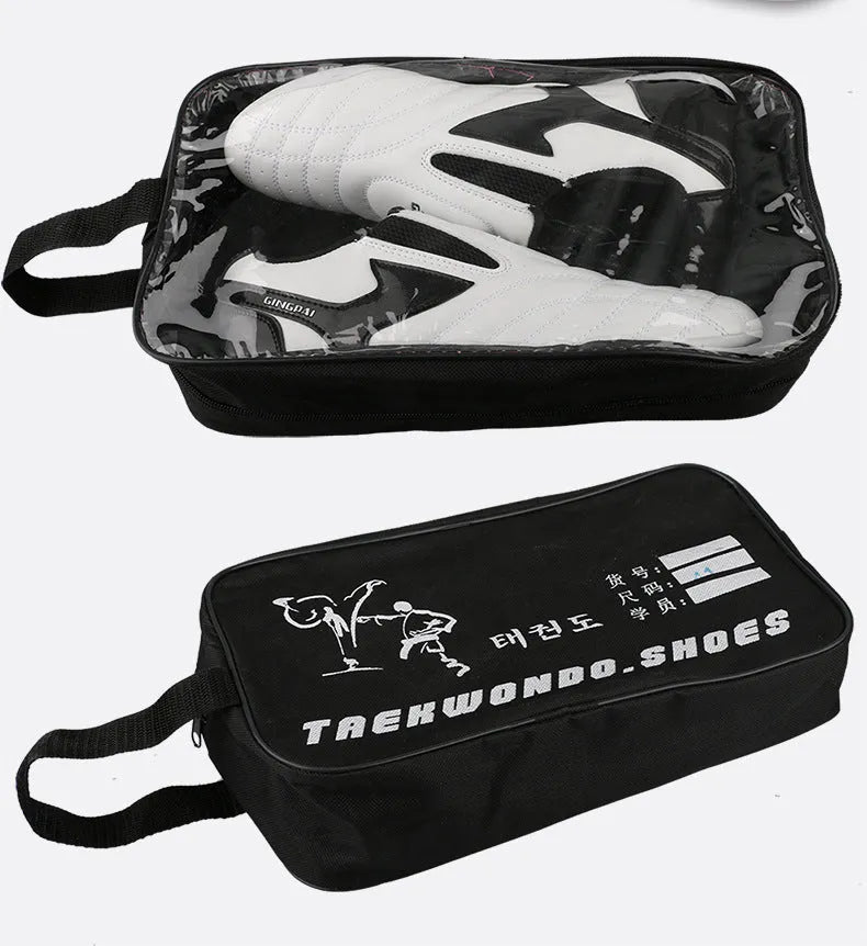 Black and white children's PU martial arts training shoes with soft sole for Taekwondo and Sanda.