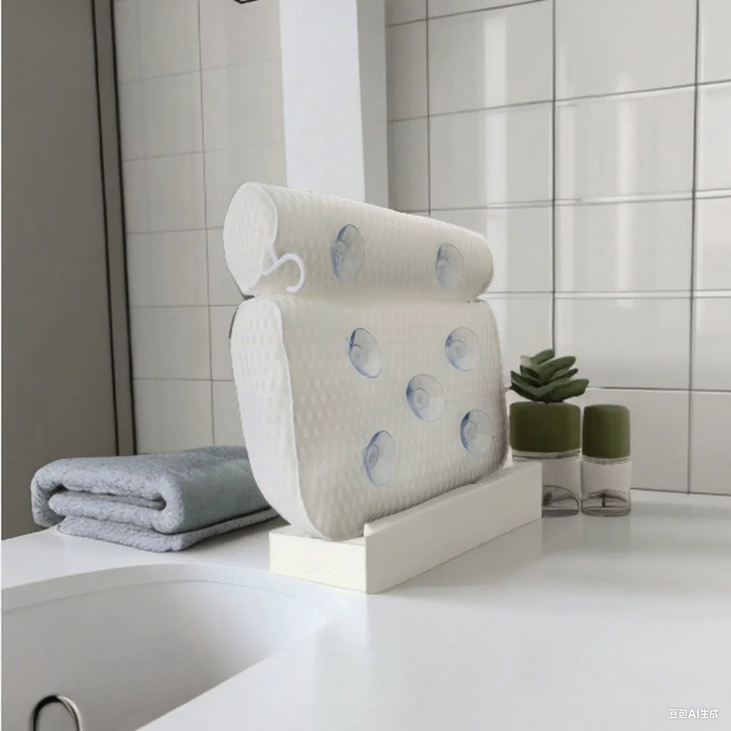 White bathtub pillow with 4D mesh and suction cups on a 3D material surface