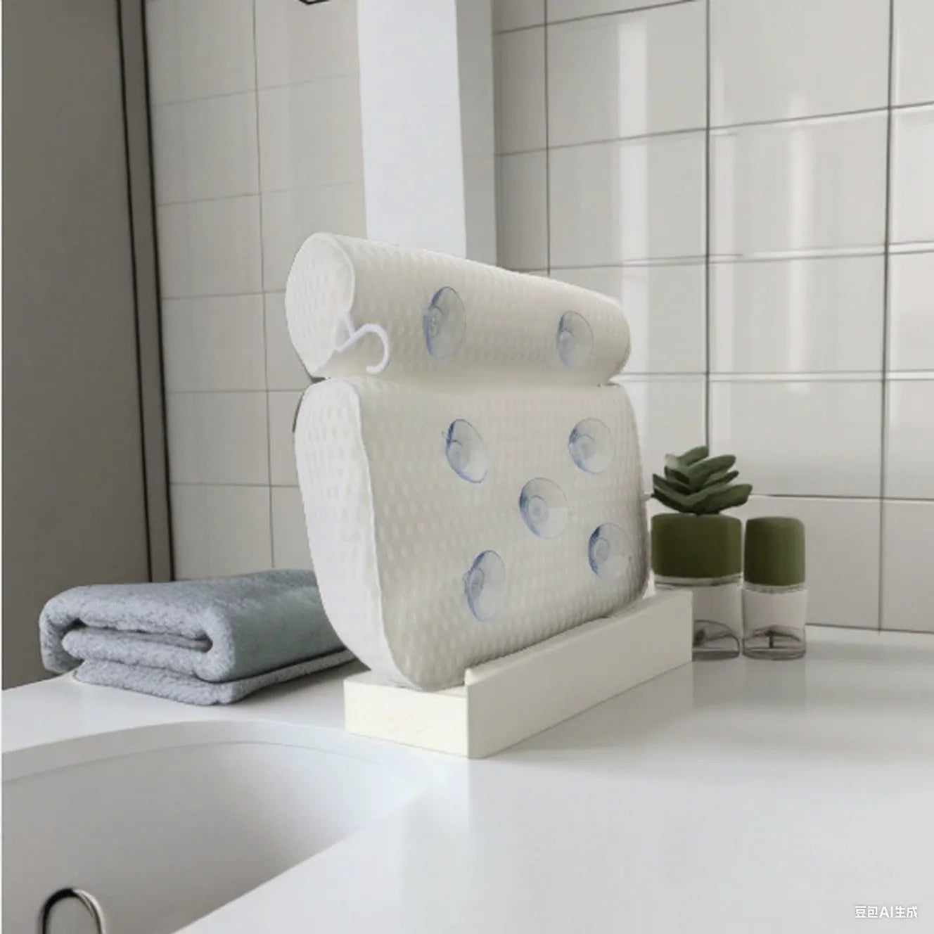 White bathtub pillow with 4D mesh and suction cups on a 3D material surface