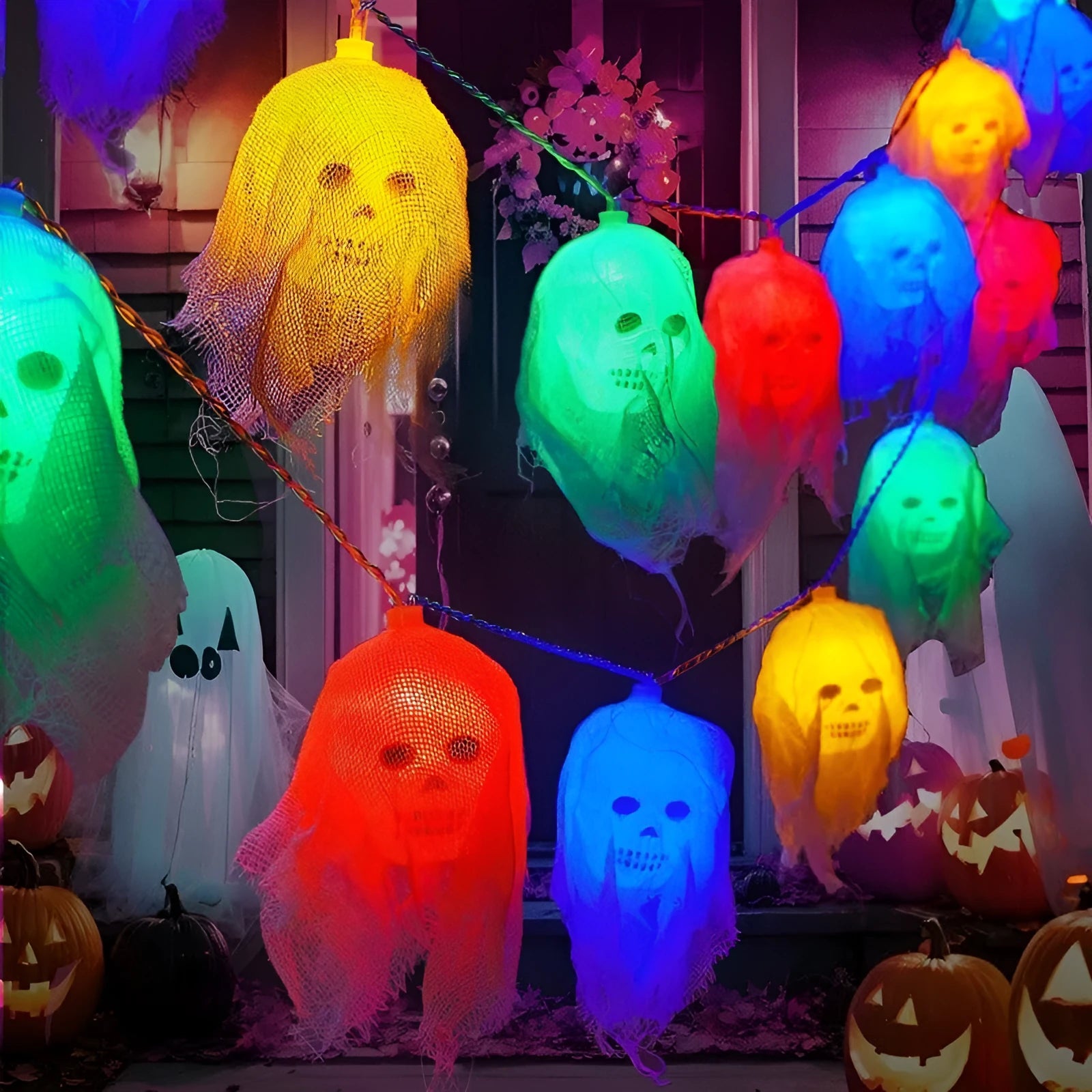 Battery-powered Halloween coloured LED string lights with plastic shell for indoor wall decoration.