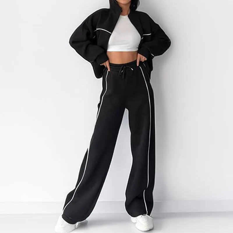 Casual striped suit set with mock neck hoodie and trousers in six colour options