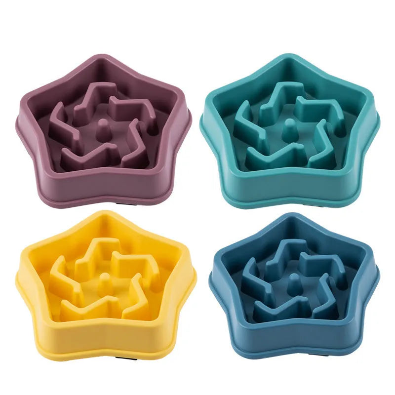Yellow plastic slow feeding dog bowl with textured bottom for choking prevention
