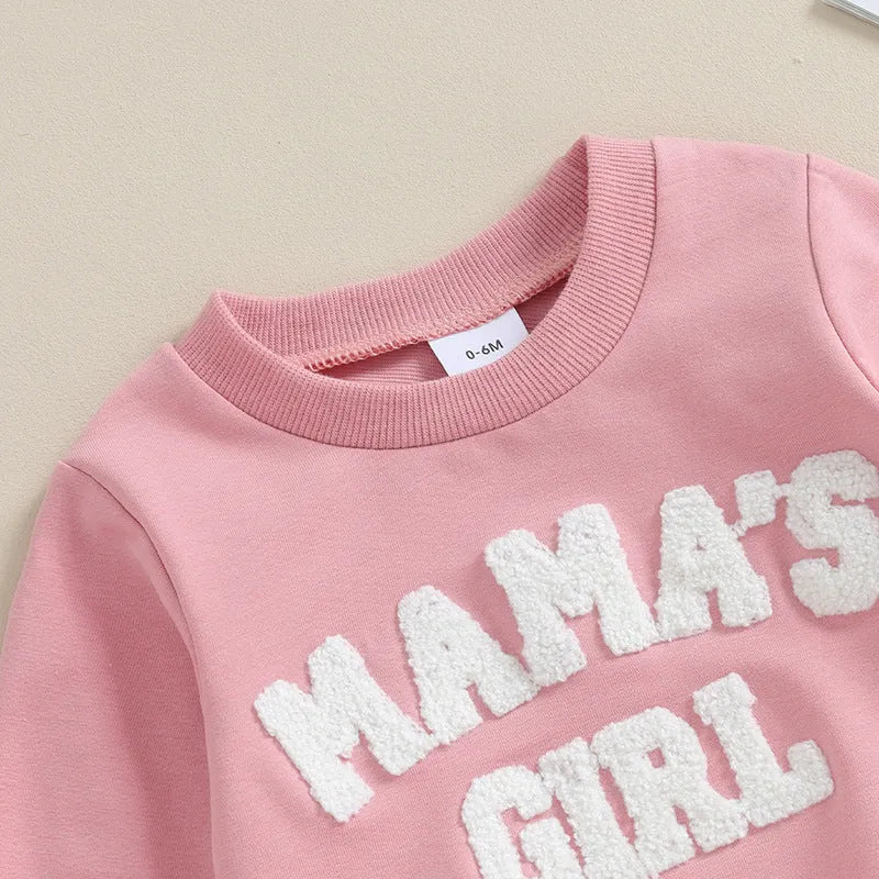 Baby girl solid colour letter embroidered sweater and trousers suit in pink cotton blend