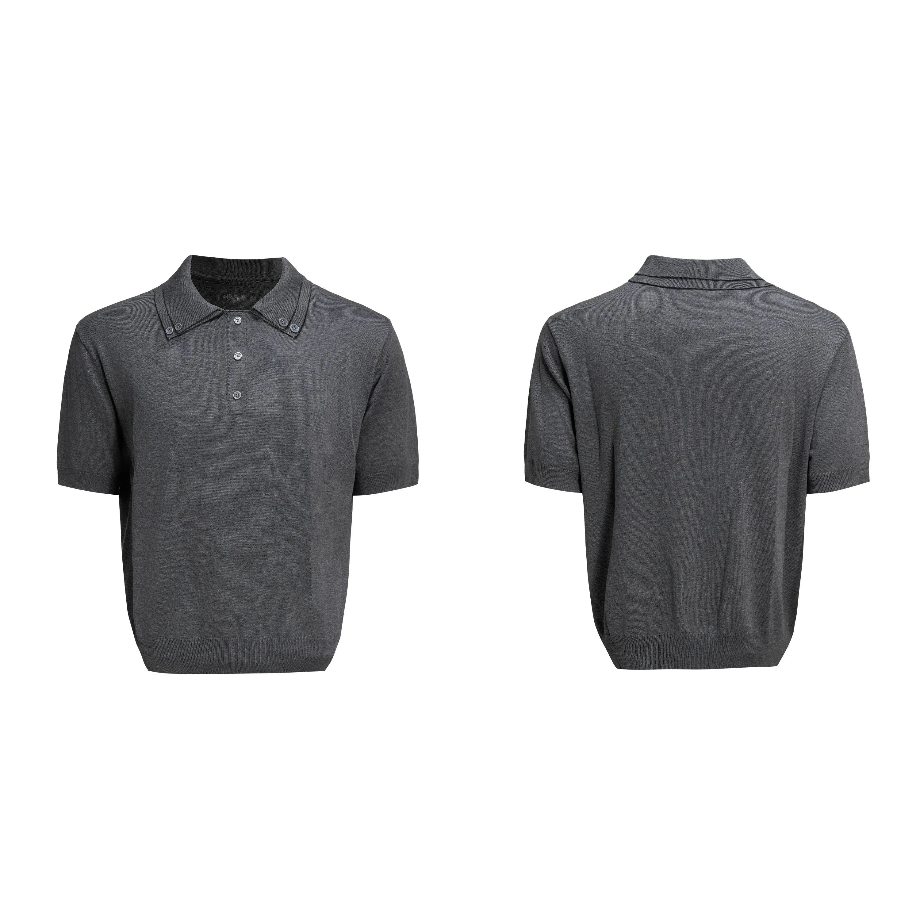 Men's black short sleeve knit shirt with double lapel collar design and ice feeling polyester fabric