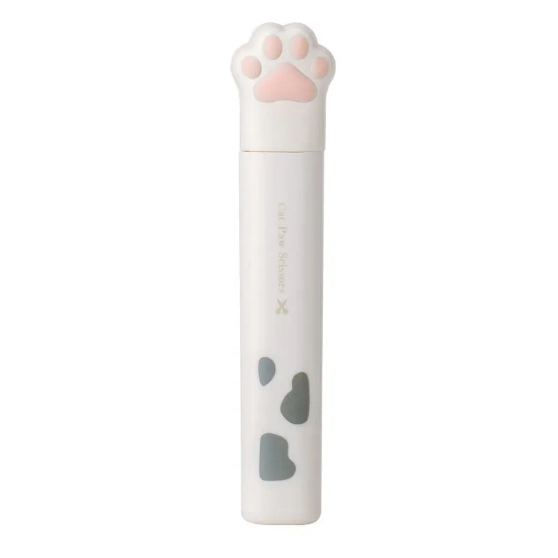 Cat paw mini folding scissors in four colours showing stainless steel blades and compact 8.7cm size