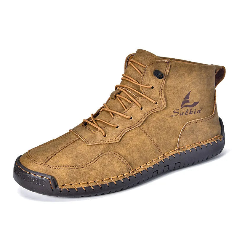 Men's retro high-top casual boots in artificial PU with round toe and elastic band