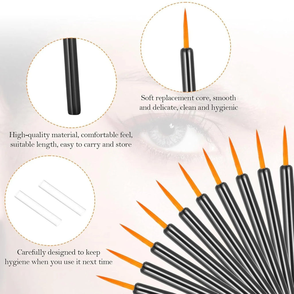 One hundred black disposable eyeliner brushes with fine pointed tips and clear plastic sleeves.
