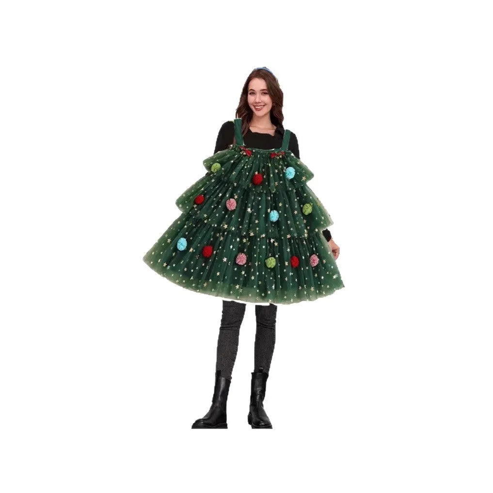 Green polka dot mesh decorative dress with multi-layer tiered skirt and sleeveless suspenders.