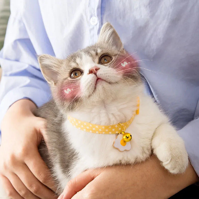 Adjustable cat collar with bell pendant and decorative bow tie in green, pink or yellow colours