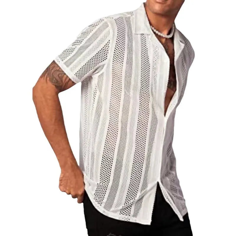 Men's white knitted short-sleeved shirt with button front and jacquard craft street fashion styling