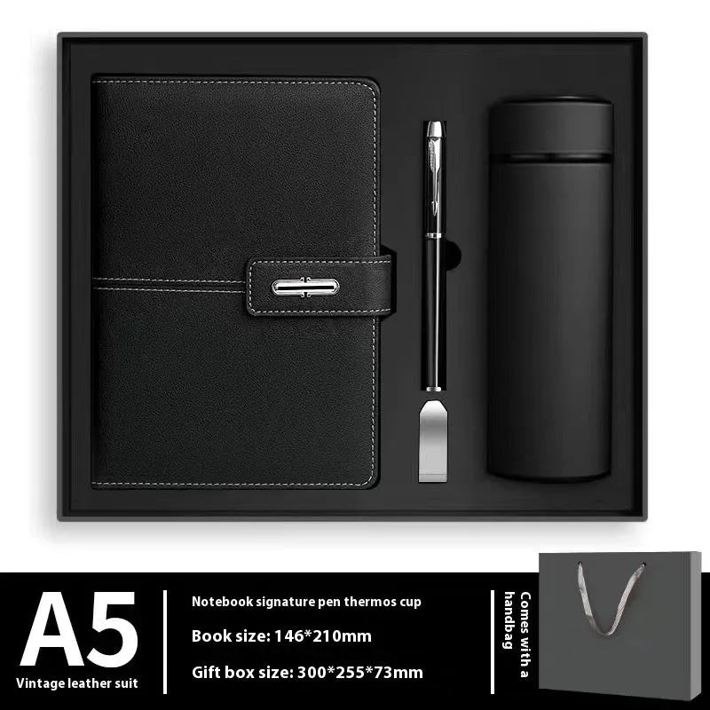 Customisable A5 notebook with PU leather cover in choice of colours, featuring wood-free paper.