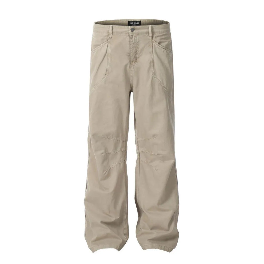 Men's straight-leg cotton trousers in brown colour with high-waist design and wide-leg style