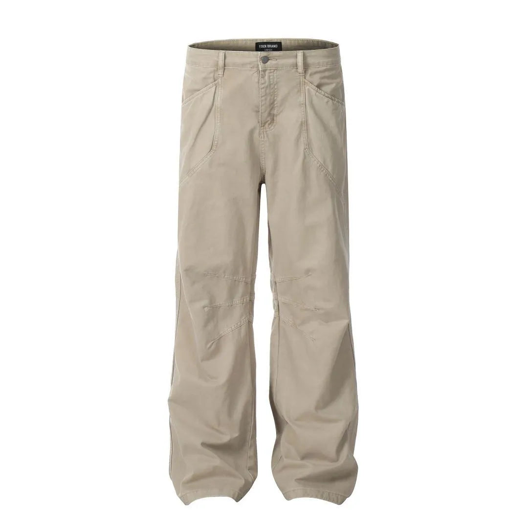 Men's straight-leg cotton trousers in brown colour with high-waist design and wide-leg style