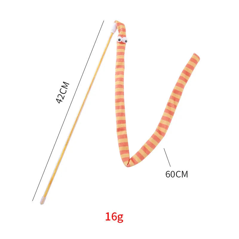 Colourful cat teaser wand with a long plush strip and a bell, held by a person.
