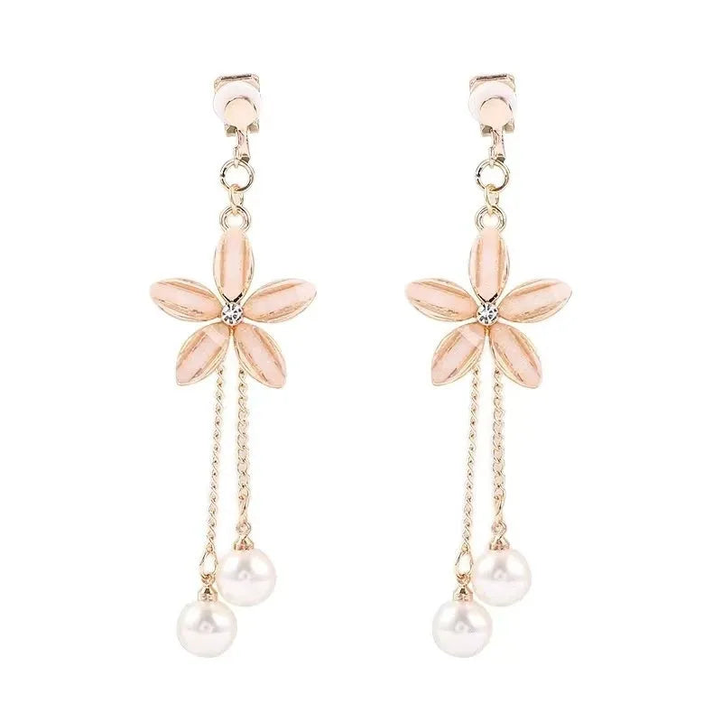 South Korean fashion alloy geometric ear clips with tassel pearl design in silver colour