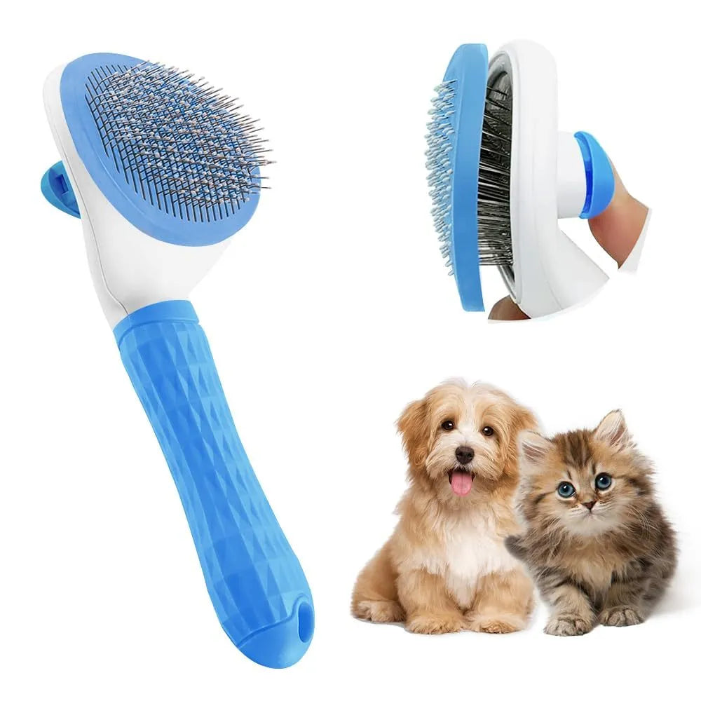 Cat grooming brush with a release button, shown in blue, grey, and pink colour options.
