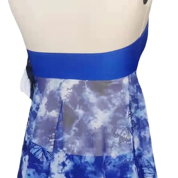 Blue women's European American style bikini swimsuit with briefs cut on mannequin