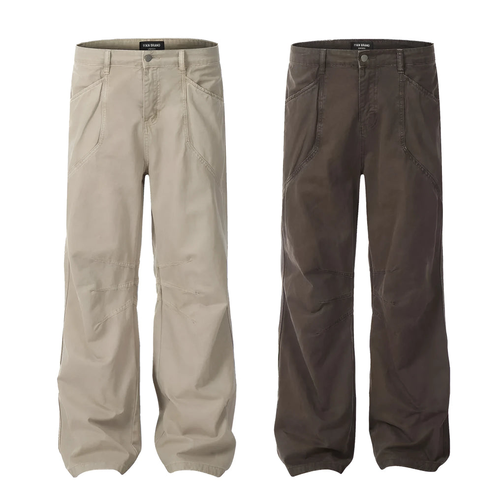 Men's straight-leg cotton trousers in brown colour with high-waist design and wide-leg style