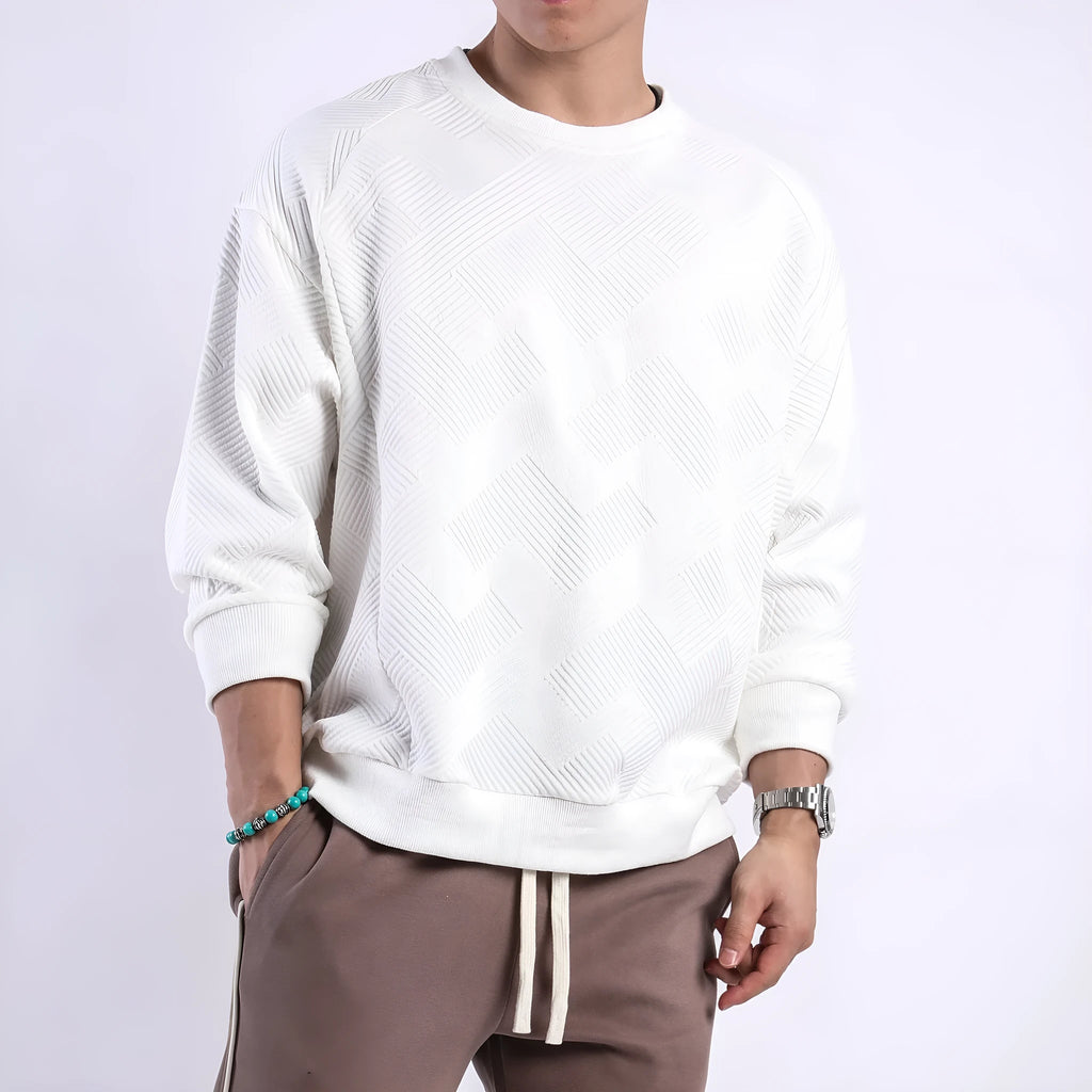 Men's loose fit twill jacquard pullover sweater with long sleeves and round neck