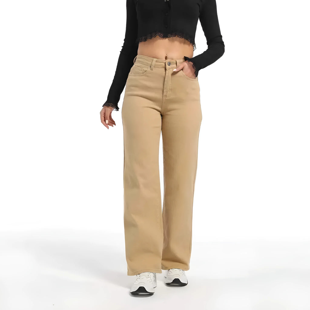 Women's high waist straight leg jeans in apricot and khaki colours