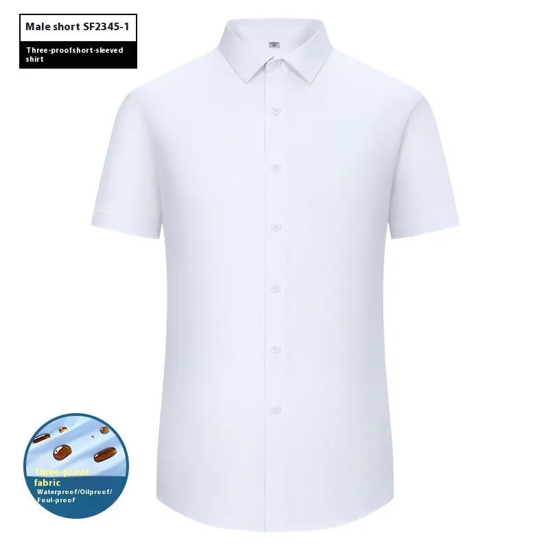 Men's slim fit waterproof bamboo fibre dress shirt with square collar and long sleeves.