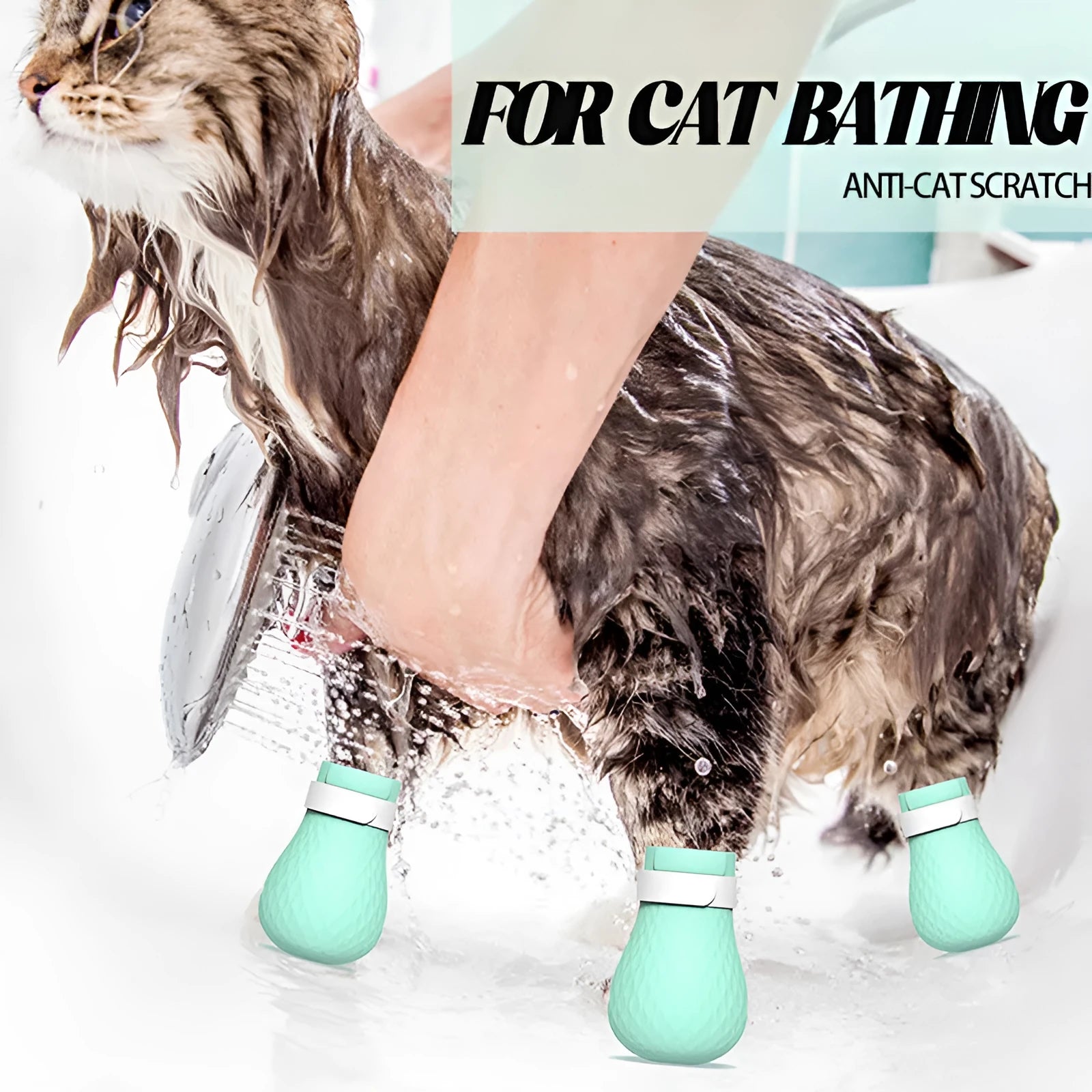 Four silicone cat foot covers designed to protect against scratches during pet care procedures