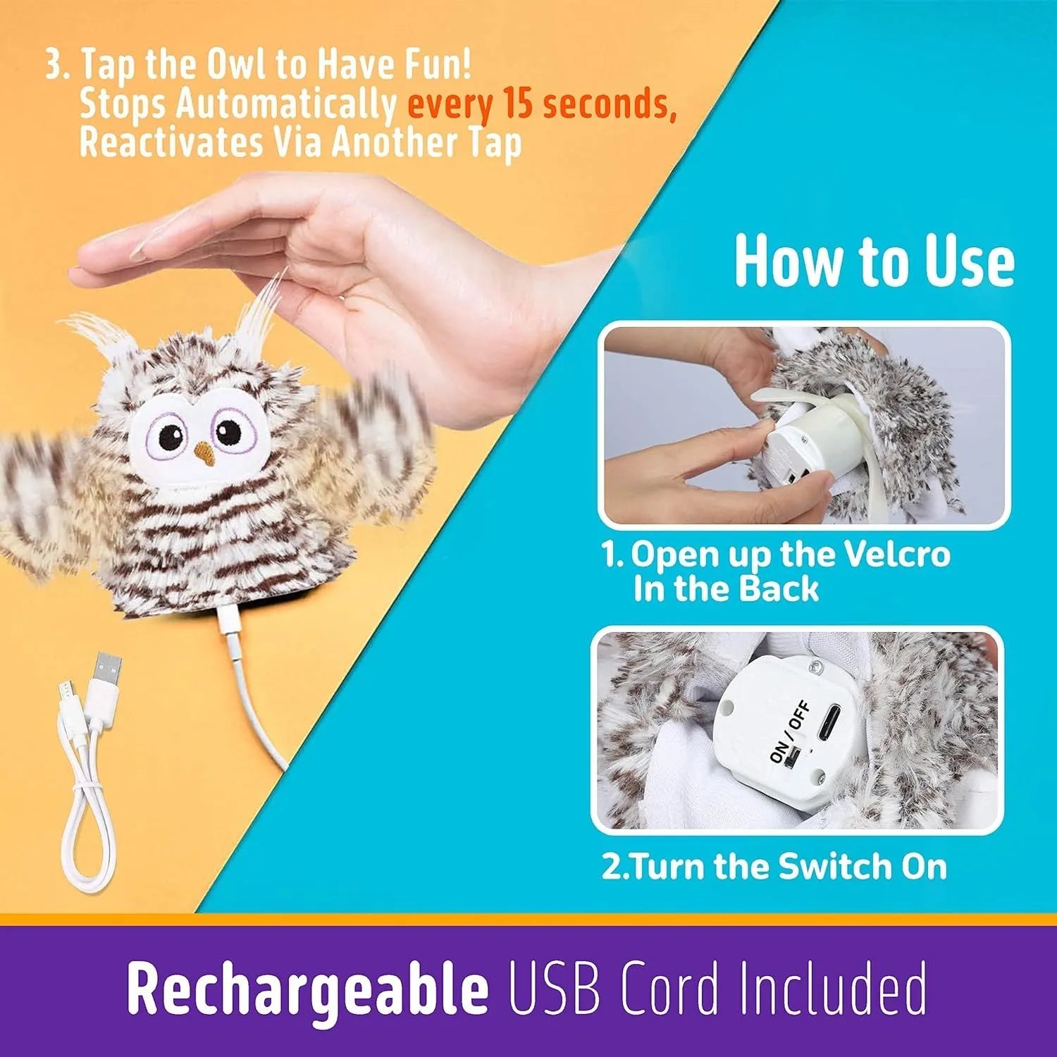 Grey owl-shaped automatic cat toy with flapping wings on a flat surface