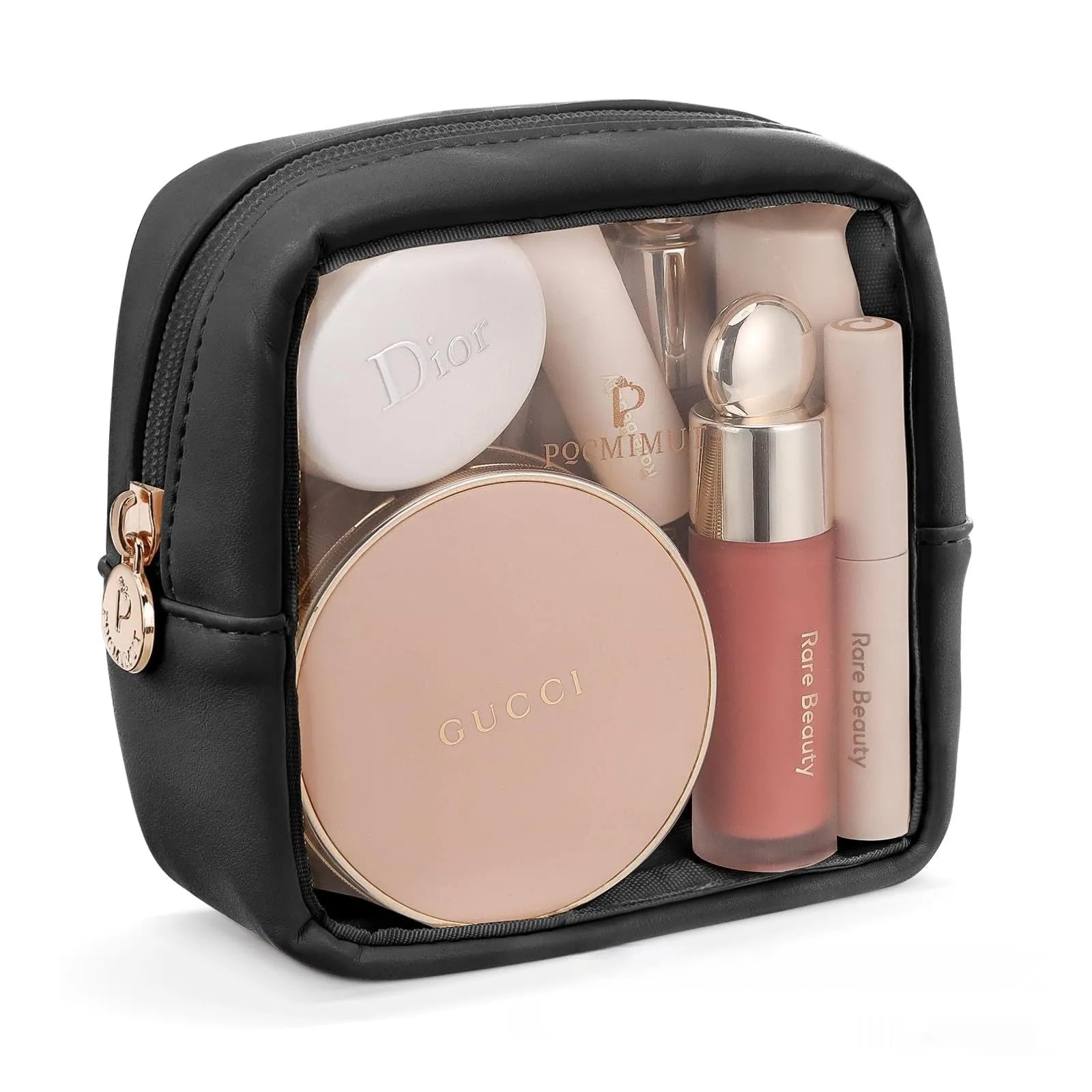 Transparent PVC leather cosmetic bag showing interior organisation and dry wet separation compartments.