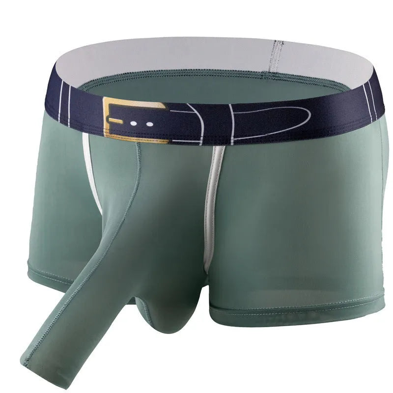 Men's solid colour ice silk boxers in mid-waist design showing grey, black, green, blue colour options